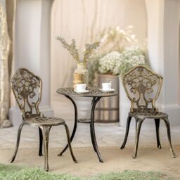 FURNOS Set of 3 Cast Aluminium Bistro Table & Chair With Parasol Hole in Bronze - thumbnail 3