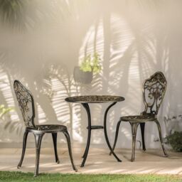 FURNOS Set of 3 Cast Aluminium Bistro Table & Chair With Parasol Hole in Bronze - thumbnail 2