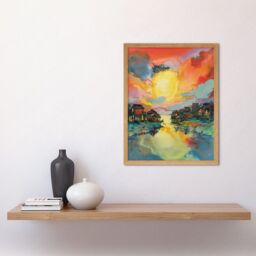 "Artery8 Wall Art Print Atmospheric Clouds Over Mono Lake Fishing Village at Dawn Modern Watercolour Painting Art Framed - Size: W12"" x H16""" - thumbnail 2
