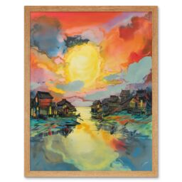 "Artery8 Wall Art Print Atmospheric Clouds Over Mono Lake Fishing Village at Dawn Modern Watercolour Painting Art Framed - Size: W12"" x H16""" - thumbnail 1