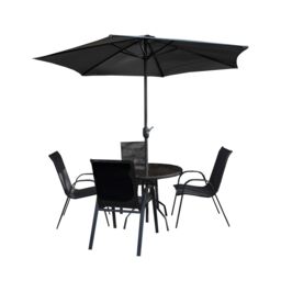 Samuel Alexander Outdoor 4 Person Round Glass Top Garden Dining Table & Chairs Set with Havana Parasol in Grey