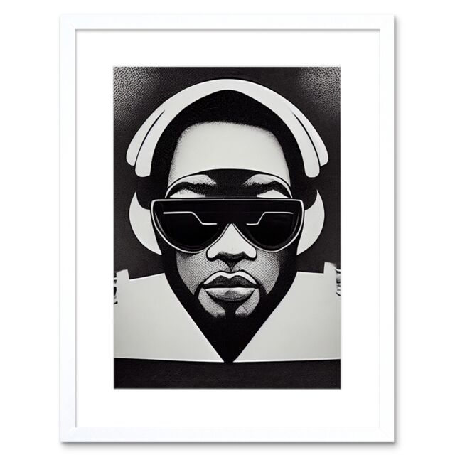 "Artery8 Wall Art Print Hip Hop Black Artist Music DJ Monochrome Music Musician Artwork Framed 9X7 Inch in White - Size: W7"" x H9""" - image 1