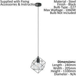 Loops Hanging Ceiling Pendant Light Black Steel Cube Frame 1x E27 Geometric Lamp - thumbnail 2