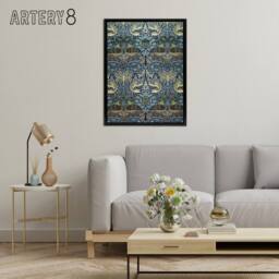 "Artery8 Peacock & Dragon Pattern Framed Canvas Wall Art Print William Morris in Blue - Size: W18"" x H24""" - thumbnail 3