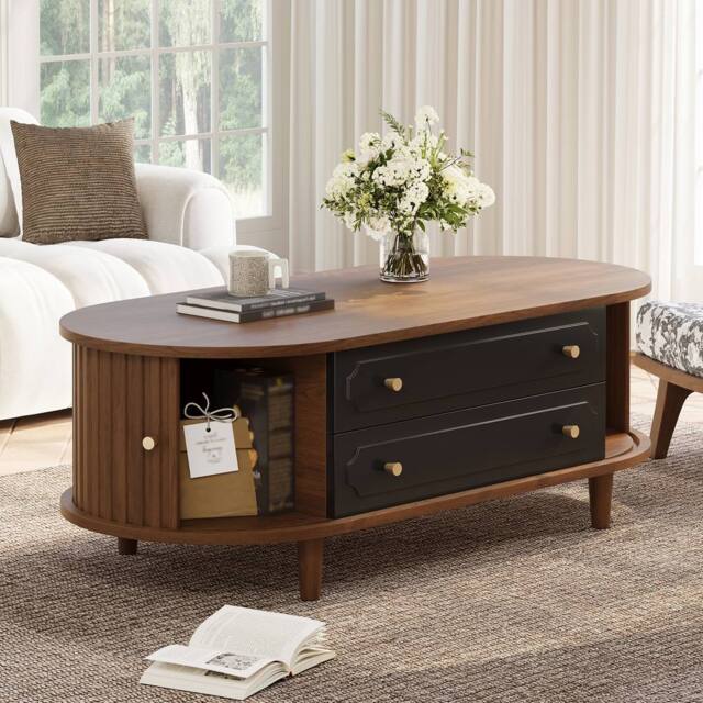 Merax Walnut & Black Oval Coffee Table with Two Drawers & Roll Up Doors - image 1