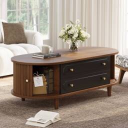 Merax Walnut & Black Oval Coffee Table with Two Drawers & Roll Up Doors