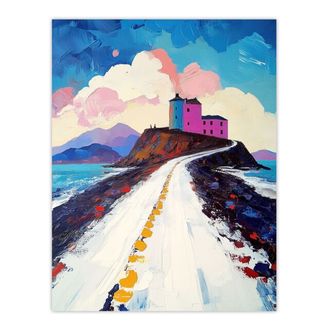 "Artery8 Lindisfarne Island in Winter Colourful Coastal Wall Art Print in Blue - Size: W24"" x H32""" - image 1