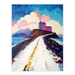"Artery8 Lindisfarne Island in Winter Colourful Coastal Wall Art Print in Blue - Size: W24"" x H32""" - thumbnail 1