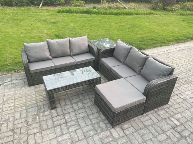 Fimous Outdoor Lounge Sofa Set Rattan Garden Furniture Set with Rectangular Coffee Table Big Footstool 3 Seater Sofa in Dark Grey - image 1