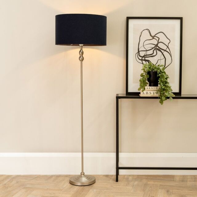 ValueLights Maggie Brushed Chrome Silver Floor Lamp with Fabric Lamp Shade in Black - image 1