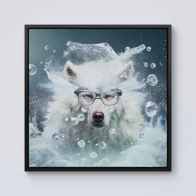 Warren Reed - Designer White Wolf With Glasses Splashart Framed Canvas in Black - Size: w40 inch x h40 inch - image 1