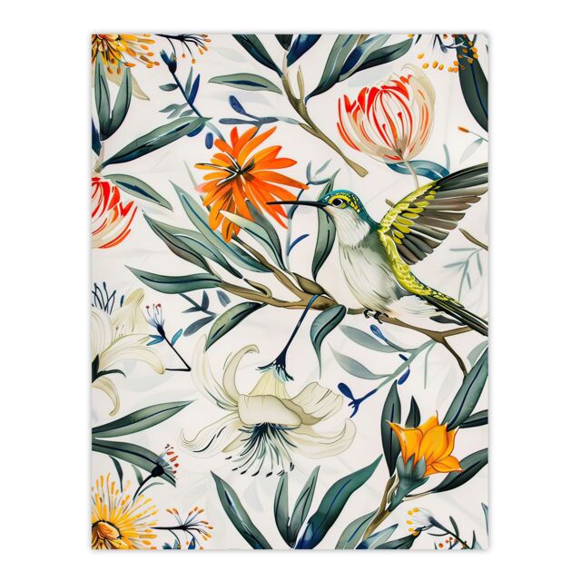 "Artery8 Bright Exotic Flower Pattern with Hummingbird Wall Art Print in Green - Size: W24"" x H32""" - image 1