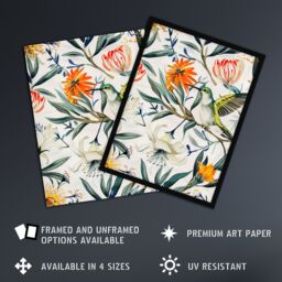 "Artery8 Bright Exotic Flower Pattern with Hummingbird Wall Art Print in Green - Size: W24"" x H32""" - thumbnail 2