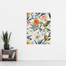 "Artery8 Bright Exotic Flower Pattern with Hummingbird Wall Art Print in Green - Size: W24"" x H32""" - thumbnail 4