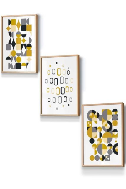 ARTZE Mid Century Graphical Grey Yellow Framed Wall Art - Small in Light Oak - Size: W33 cm x H45 cm x D20mm - image 1