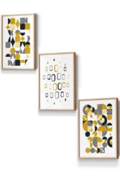 ARTZE Mid Century Graphical Grey Yellow Framed Wall Art - Small in Light Oak - Size: W33 cm x H45 cm x D20mm - thumbnail 1