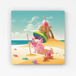 "Warren Reed - Designer Piglet On A Beach Holiday Canvas in Yellow - Size: W16"" x H16""" - thumbnail 1