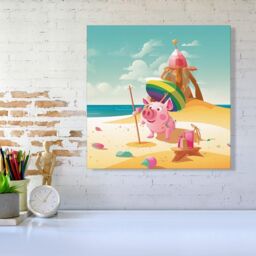 "Warren Reed - Designer Piglet On A Beach Holiday Canvas in Yellow - Size: W16"" x H16""" - thumbnail 2