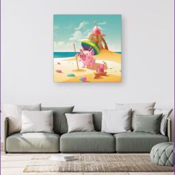"Warren Reed - Designer Piglet On A Beach Holiday Canvas in Yellow - Size: W16"" x H16""" - thumbnail 4