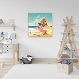 "Warren Reed - Designer Piglet On A Beach Holiday Canvas in Yellow - Size: W16"" x H16""" - thumbnail 3