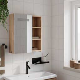 Berkfield Home Bathroom Mirror Cabinet with LED Light Oak 45x13x52 cm in Brown - Size: 45 x 13 x 52 cm - thumbnail 3