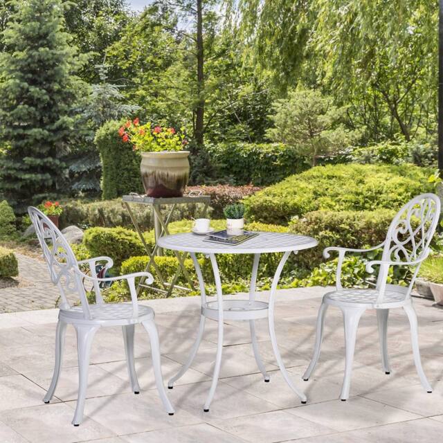 OUTSUNNY 3PCs Garden Bistro Set Cast Aluminium Round Table with 2 Chairs in White - image 1
