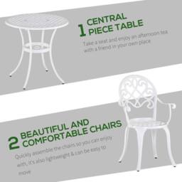 OUTSUNNY 3PCs Garden Bistro Set Cast Aluminium Round Table with 2 Chairs in White - thumbnail 4