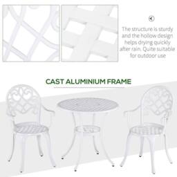 OUTSUNNY 3PCs Garden Bistro Set Cast Aluminium Round Table with 2 Chairs in White - thumbnail 6
