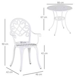 OUTSUNNY 3PCs Garden Bistro Set Cast Aluminium Round Table with 2 Chairs in White - thumbnail 3