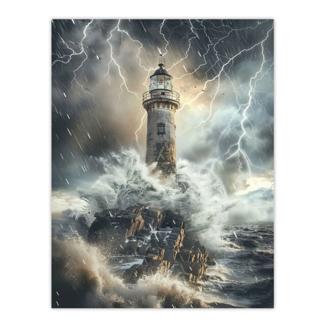 "Artery8 Lighthouse Thunderstorm Sea Crushing Waves Wall Art Print in Grey - Size: W24"" x H32""" - image 1