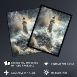 "Artery8 Lighthouse Thunderstorm Sea Crushing Waves Wall Art Print in Grey - Size: W24"" x H32""" - thumbnail 2