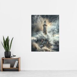 "Artery8 Lighthouse Thunderstorm Sea Crushing Waves Wall Art Print in Grey - Size: W24"" x H32""" - thumbnail 4