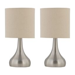 First Choice Lighting Set of 2 Romana - Brushed Chrome Touch Table Lamp with Linen Shades in Silver - thumbnail 1
