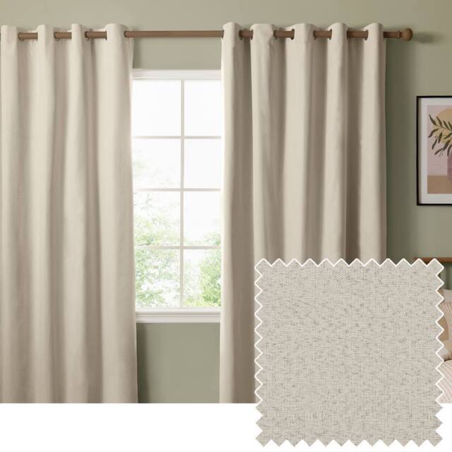 Furn The Ultimate Blackout Textured Woven Eyelet Curtain Pair in Beige - Size: 117 cm width x 183 cm drop - image 1