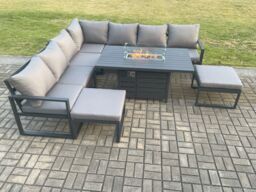 Fimous Aluminium 9 Seater Garden Furniture Outdoor Set Patio Lounge Sofa Gas Fire Pit Dining Table Set with 2 Big Footstools Dark Grey - thumbnail 2