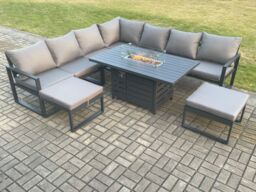 Fimous Aluminium 9 Seater Garden Furniture Outdoor Set Patio Lounge Sofa Gas Fire Pit Dining Table Set with 2 Big Footstools Dark Grey - thumbnail 1