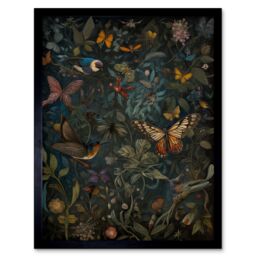 "Artery8 Wall Art Print William Morris Style Plants Birds & Butterflies Art Framed in Black - Size: W12"" x H16""" - thumbnail 1