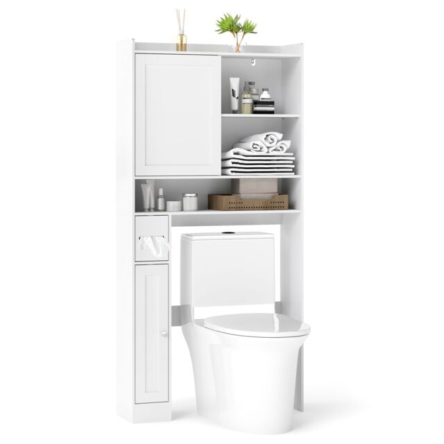 Gymax Over-the-Toilet Cabinet Toilet Paper Holder Sliding Door Open Shelves in White - image 1