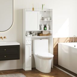 Gymax Over-the-Toilet Cabinet Toilet Paper Holder Sliding Door Open Shelves in White - thumbnail 8