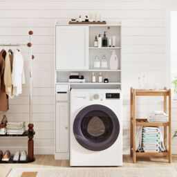 Gymax Over-the-Toilet Cabinet Toilet Paper Holder Sliding Door Open Shelves in White - thumbnail 7