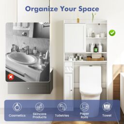 Gymax Over-the-Toilet Cabinet Toilet Paper Holder Sliding Door Open Shelves in White - thumbnail 3