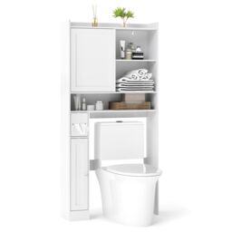 Gymax Over-the-Toilet Cabinet Toilet Paper Holder Sliding Door Open Shelves in White - thumbnail 1
