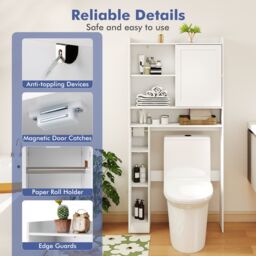Gymax Over-the-Toilet Cabinet Toilet Paper Holder Sliding Door Open Shelves in White - thumbnail 6