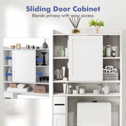 Gymax Over-the-Toilet Cabinet Toilet Paper Holder Sliding Door Open Shelves in White - thumbnail 5