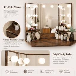 London Boutique Corner Dressing Table w/LED Mirror &5 Drawers Vanity Desk Makeup Table in Brown - thumbnail 4