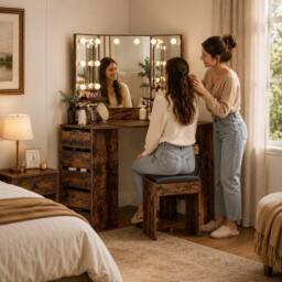 London Boutique Corner Dressing Table w/LED Mirror &5 Drawers Vanity Desk Makeup Table in Brown