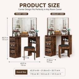 London Boutique Corner Dressing Table w/LED Mirror &5 Drawers Vanity Desk Makeup Table in Brown - thumbnail 3