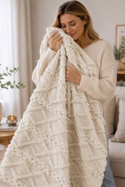 Dyzi Cable Style Blanket - Extrasoft Textured Decorative Throw 150 x 200cm in Natural - Size: 150 cm x 200 cm - image 1