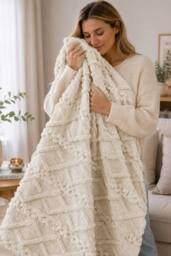Dyzi Cable Style Blanket - Extrasoft Textured Decorative Throw 150 x 200cm in Natural - Size: 150 cm x 200 cm - thumbnail 1