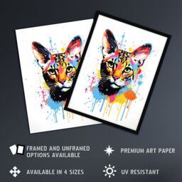 "Artery8 Wall Art Print Serval Cat Lover Gift Pet Portrait Orange Blue Pink Artwork Painting Art Framed - Size: W12"" x H16""" - thumbnail 2